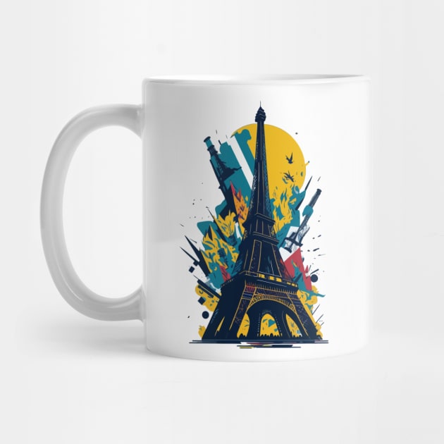 Vibrant illustration of chaotic debris around the Eiffel tower by amithachapa